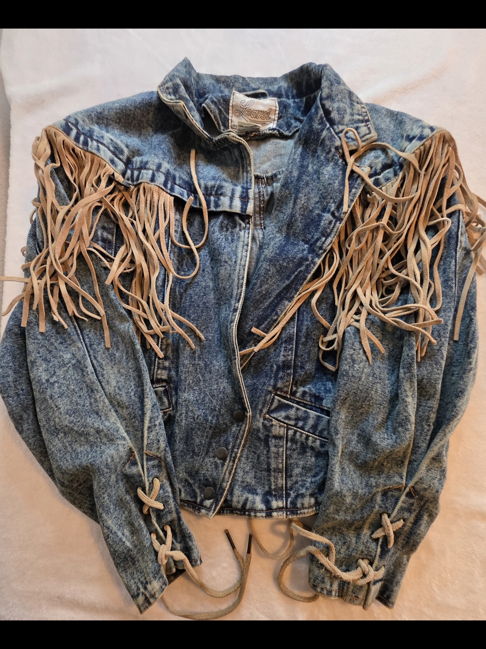 Vintage Western Denim Fringe Jacket Leather Tassels Acid Wash Cropped Medium. - Picture 8 of 8